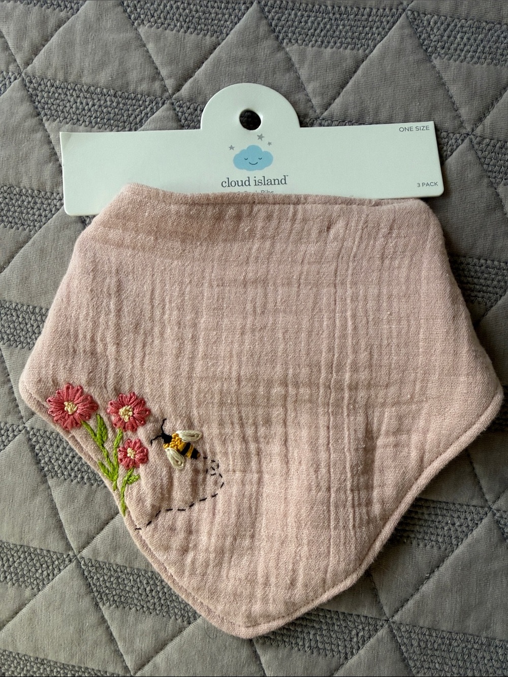 Hand-Embroidered Cloud Island Blush Pink Bandana Bib with Bee & Flowers